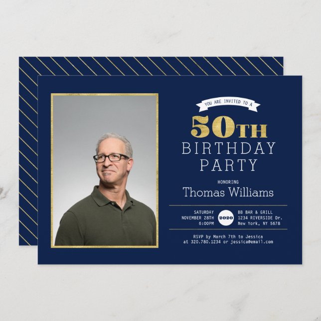 Invitation photo pour fête d'anniversaire 50 ans e (Devant / Derrière)