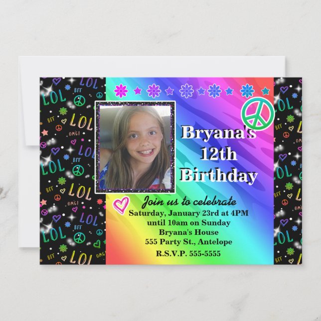 Invitation photo pour fête d'anniversaire arc-en-c (Devant)