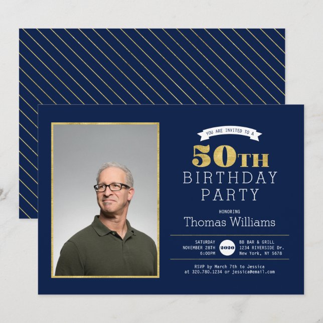 Invitation photo pour fête des 50 ans en Or Modern (Devant / Derrière)