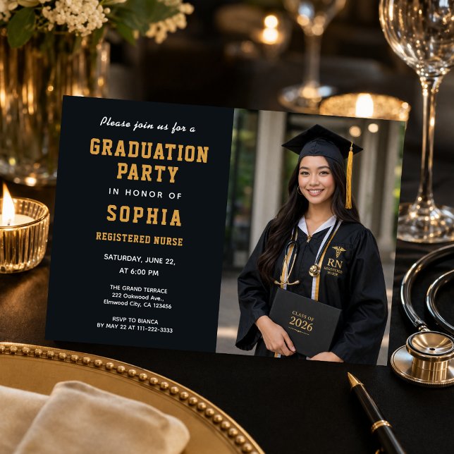 Invitation photo pour la soirée de graduation des  (Elegant black and gold nurse graduation party invitation featuring a modern photo layout)