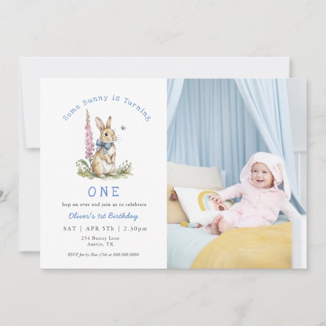 Invitation photo pour le 1er anniversaire de lapin (Devant)