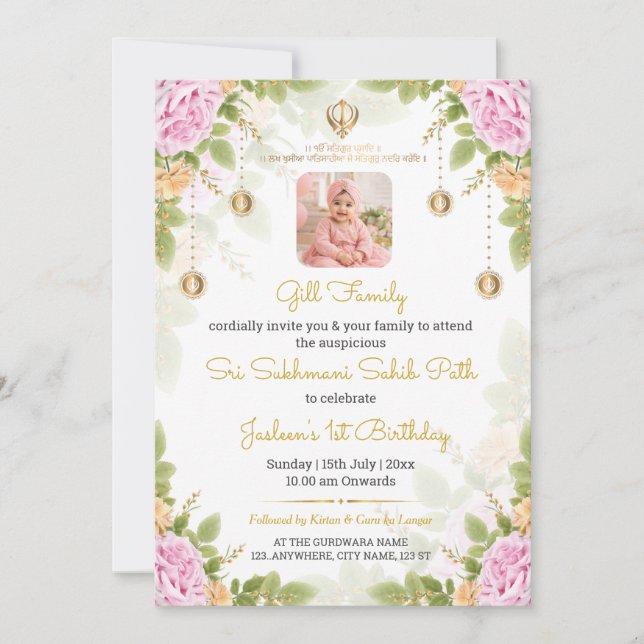 Invitation photo pour le 1er anniversaire Sukhmani (Devant)