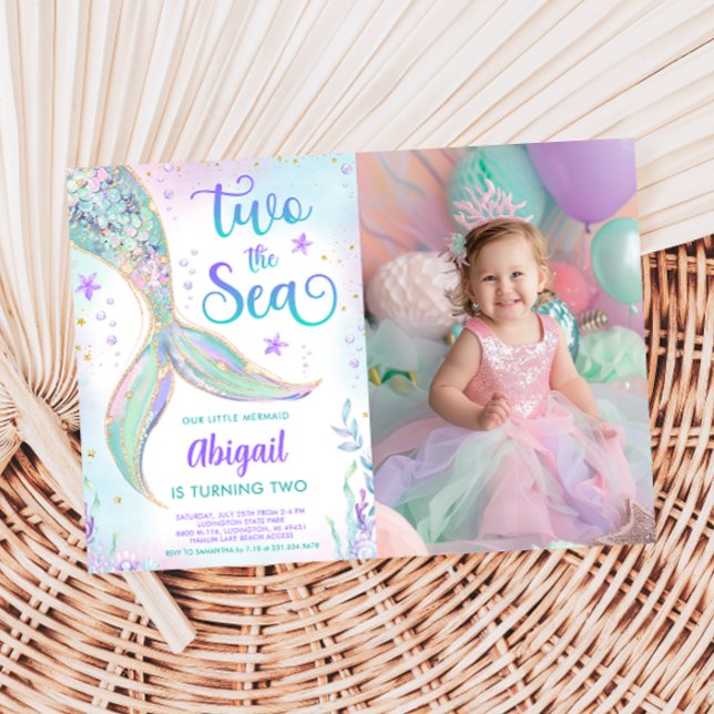 Invitation photo pour le 2e anniversaire de Two th (Two the Sea Mermaid 2nd Birthday Photo Invitation)