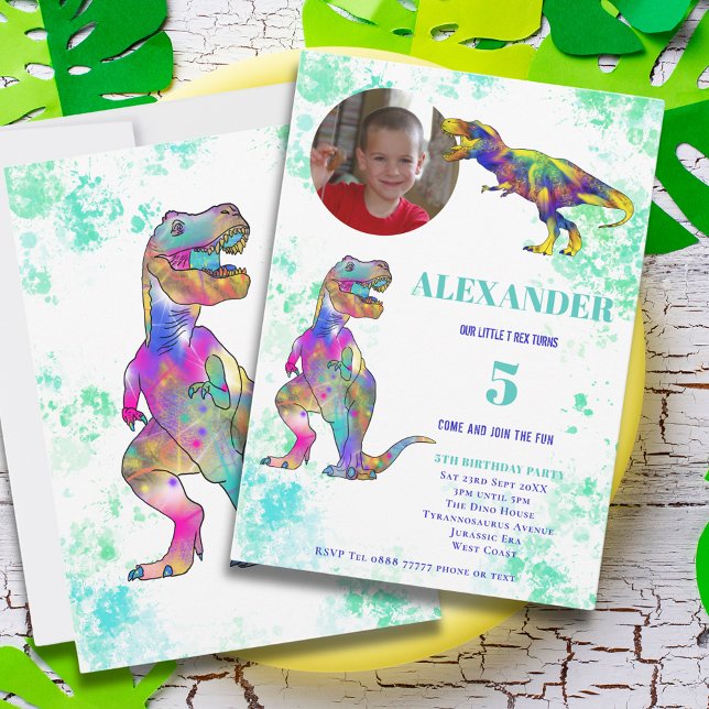 Invitation photo pour le 5ème anniversaire de Dino (Dinosaur colorful T-Rex 5th birthday party invitation with photo template )