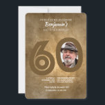 Invitation photo pour le 60e anniversaire<br><div class="desc">Célébrez avec élégance cette invitation arrière - plan grunge en or et bronzez avec un beau numéro 60. Le centre zéro est coupé en formant une fenêtre photo pour votre photo préférée. Conçu par Freepik). br/>La carte est facile à customiser avec votre libellé, police et couleur de police.() Pas exactement...</div>