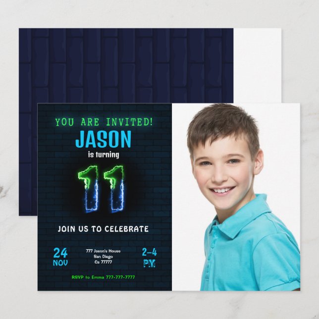 Invitation photo pour les 11 ans d'un garçon (Devant / Derrière)