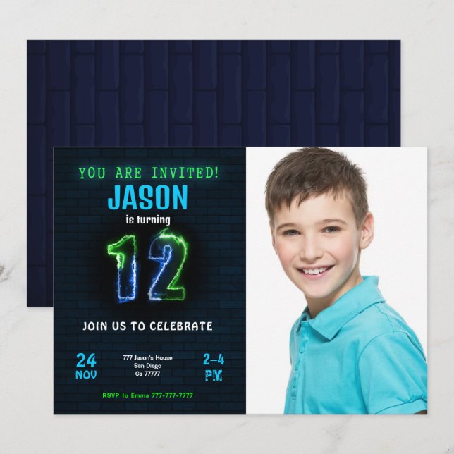 Invitation photo pour les 12 ans d'un garçon (Devant / Derrière)