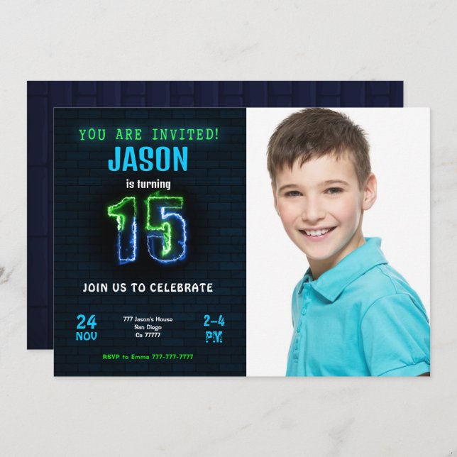 Invitation photo pour les 15 ans d'un garçon (Devant / Derrière)