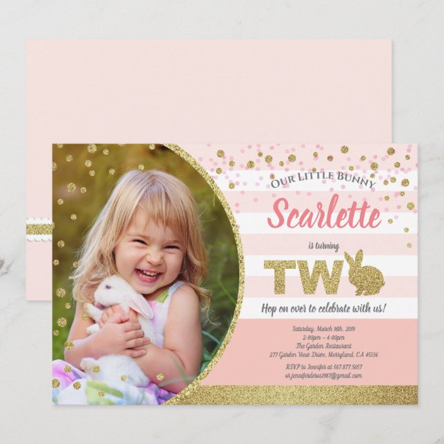 Invitation photo pour les 2 ans de la fille lapin  (Devant / Derrière)