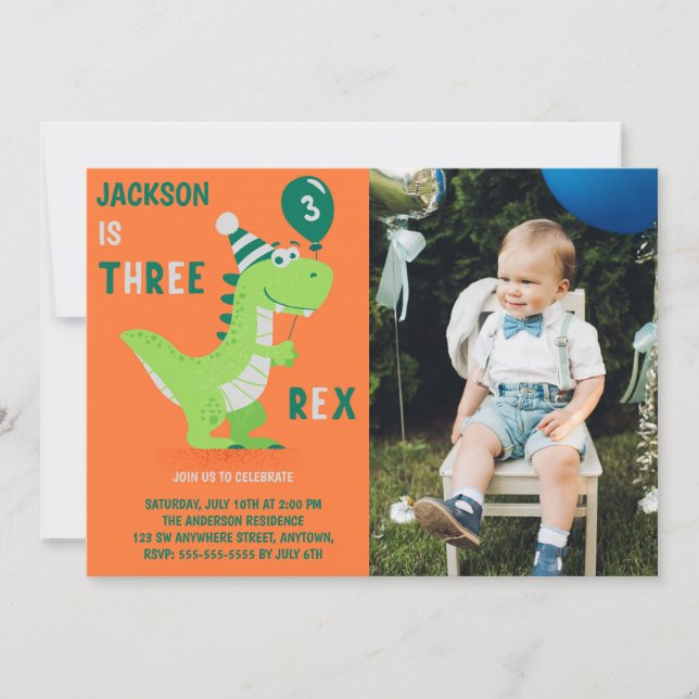 Invitation photo pour les 3 ans de Dinosaur Three  (Devant)