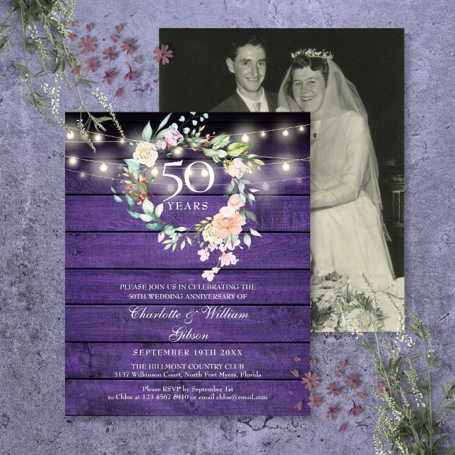 Invitation photo pour les 50 ans de mariage Budget (Budget Floral Wood 50th Anniversary Photo Invite)