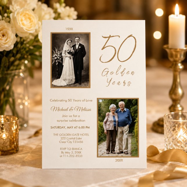 Invitation Photo pour les 50 ans de Surprise (Elegant ivory gold 50th anniversary invitation for a heartfelt surprise celebration)