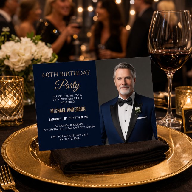 Invitation photo pour les 60 ans (Navy and gold 60th birthday party invitation with elegant photo layout)