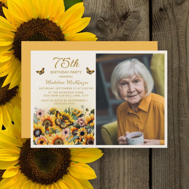 Invitation photo pour les 75 ans avec tournesols e (Sunflowers and butterflies 75th birthday party photo invitation)