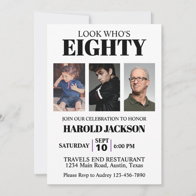 Invitation photo pour les 80 ans ou anniversaire d (Devant)