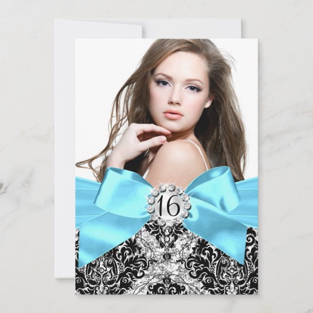 Invitation photo pour Sweet 16 Glitter Damask & Nœ (Devant)