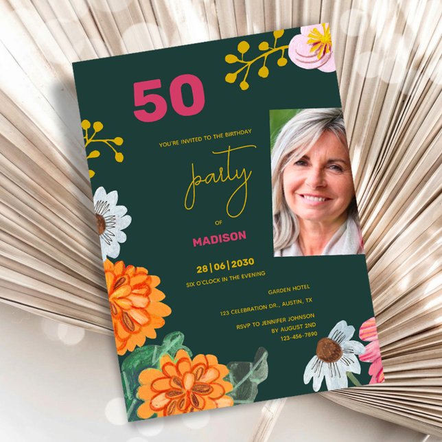 Invitation photo pour une fête d'anniversaire de 5 (50th Birthday Party Invitation Floral Photo Style)