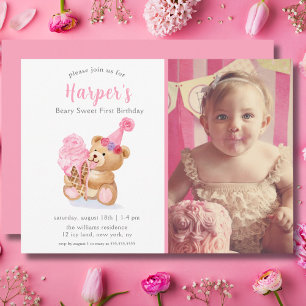 Invitation Photo Premier anniversaire fille Teddy ours Crème 