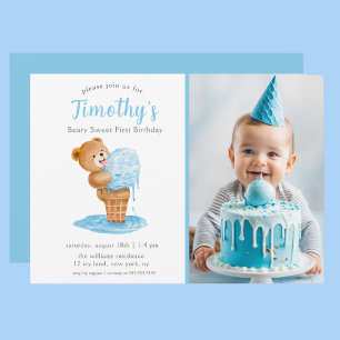 Invitation Photo Premier Anniversaire Garçon Ours en Peluche 