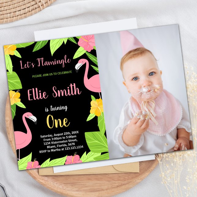 Invitation Photo Premier Flamant rose vert noir Anniversaire (Photo First Black Green Flamingo Birthday Invitation)