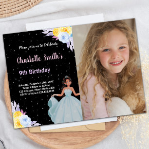 Invitation Photo Princesse Florale violet jaune Anniversaire