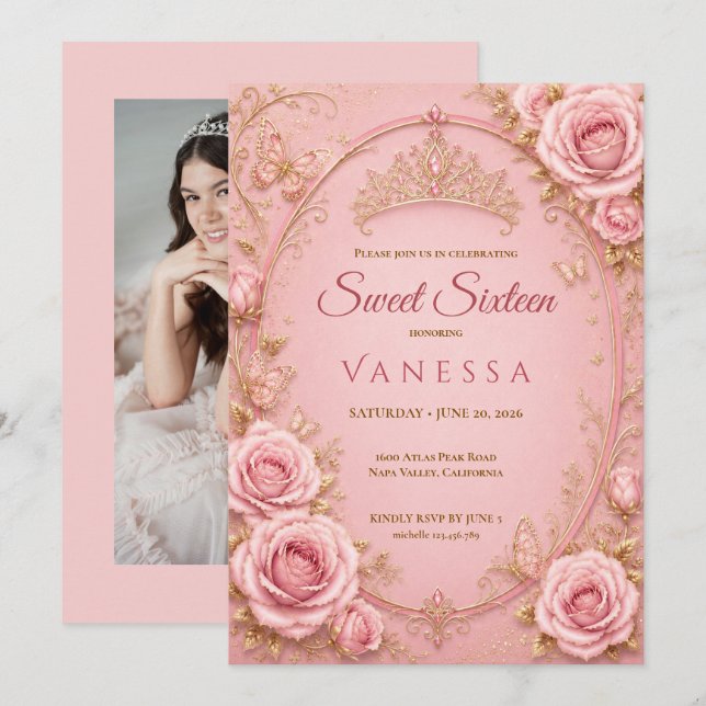Invitation photo Princesse Rose 16 ans (Devant / Derrière)