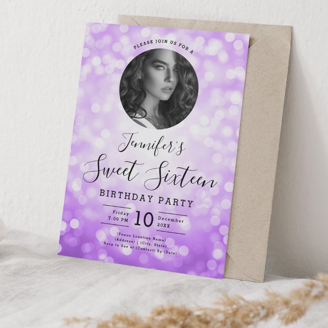 Invitation PHOTO Purple Bokeh Lights Sweet 16 Party (PHOTO Purple Bokeh Lights Sweet 16 Party Invitation)
