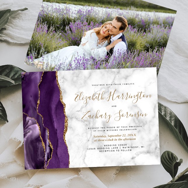 Invitation Photo Purple Gold Agate Mariage en marbre (Créateur téléchargé)