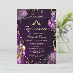 Invitation Photo Purple Gold Floral Agate Quinceanera