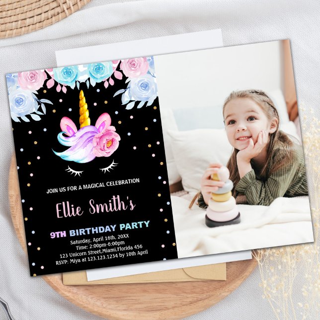 Invitation Photo Purple Rainbow Pink Unicorn Anniversaire (Photo Purple Rainbow Pink Unicorn Birthday Invitation)
