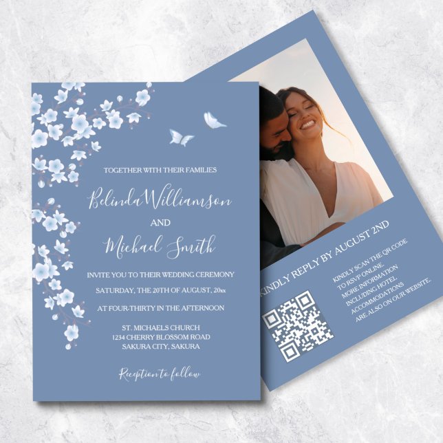 Invitation Photo QR Code Dusty Blue Cherry Blossom | MARIAGE (Créateur téléchargé)