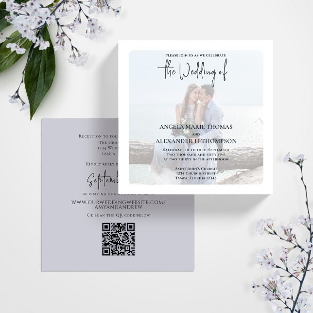 Invitation Photo QR Code RSVP Online Elegant Bleu clair (Elegant photo Light blue wedding invitation with a scannable QR code.)