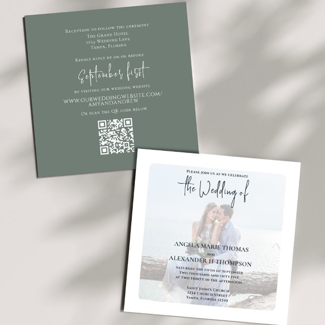 Invitation Photo QR Code RSVP Online Simple Moss Green (Elegant photo Moss Green wedding invitation with a scannable QR code.)