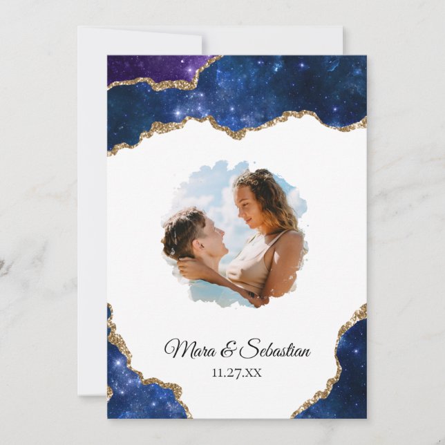 Invitation *~* PHOTO QR RSVP AR13 Mariage bleu AGATE cosmique (Devant)