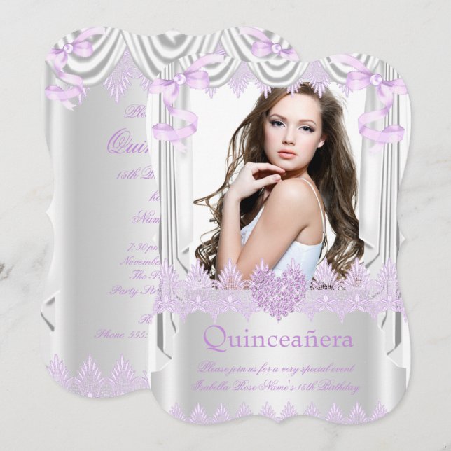 Invitation Photo Quinceanera 15th Lilac Heart Silk Lace (Devant / Derrière)