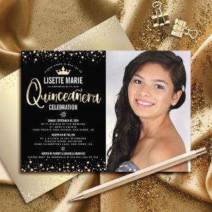 Invitation Photo Quinceañera Black Gold Parties scintillant G