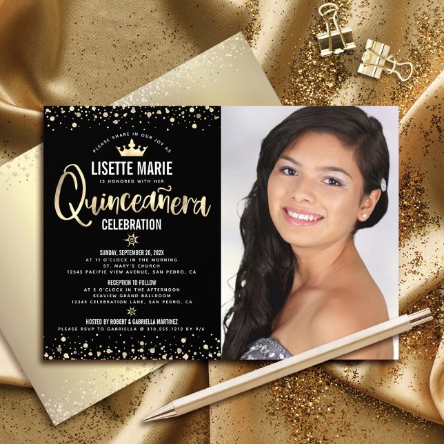 Invitation Photo Quinceañera Black Gold Parties scintillant G (Créateur téléchargé)