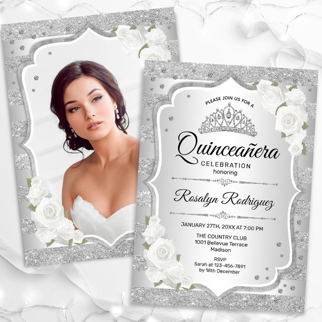 Invitation Photo Quinceanera blanche en argent (Créateur téléchargé)