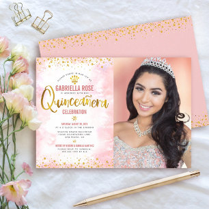 Invitation Photo Quinceañera Blush Pink Gold Parties scintill