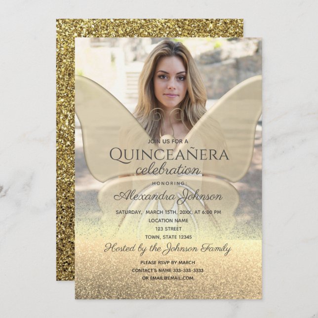 Invitation Photo Quinceanera Parties scintillant Papillon Or (Devant / Derrière)