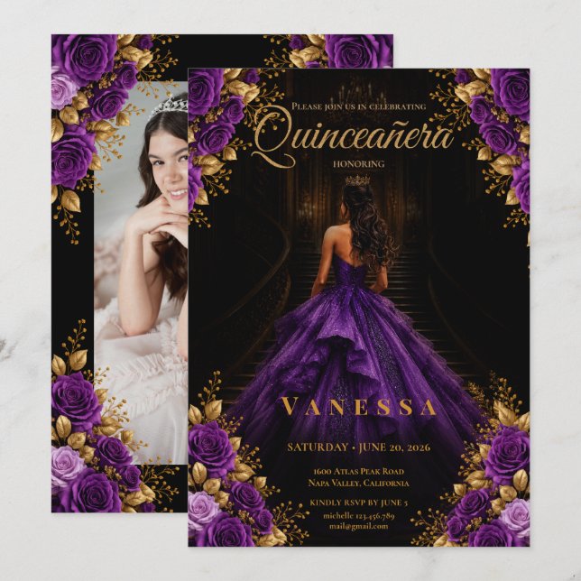 Invitation Photo Quinceanera Violet et Or (Devant / Derrière)