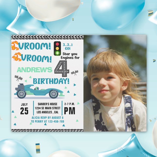 Invitation Photo Race Car • 4th Birthday Racing Party (Créateur téléchargé)