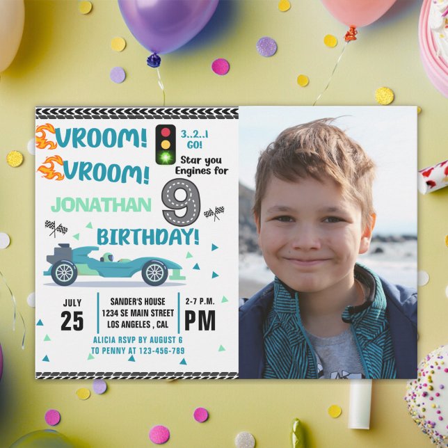 Invitation Photo Race Car • 9th Birthday Boy (Créateur téléchargé)