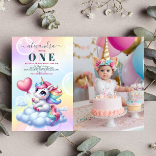Invitation Photo Rainbow Unicorn Gold Parties scintillant 1er
