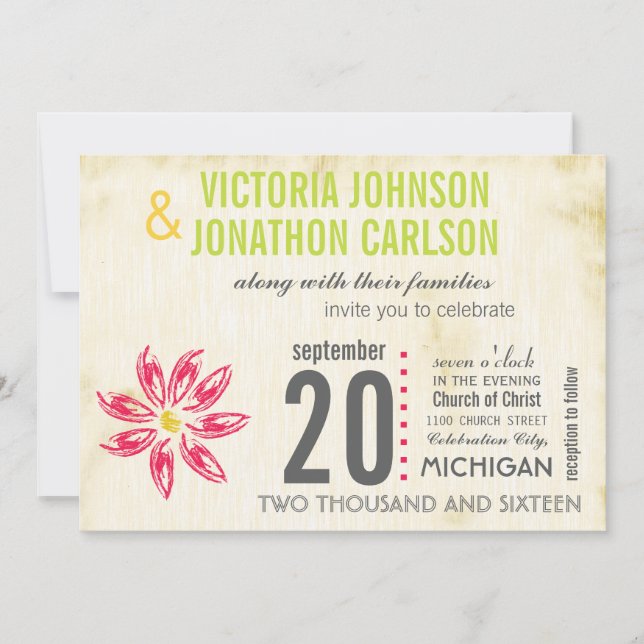 Invitation Photo Raspberry Main Drawn Daisy Wedding Invitatio (Devant)