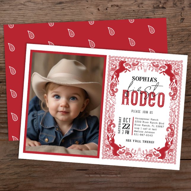 Invitation photo Red Bandana First Rodeo - Cowboy (Red Redo Birthday Party Invite)