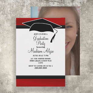 Invitation Photo Red Black Graduation Cap Party