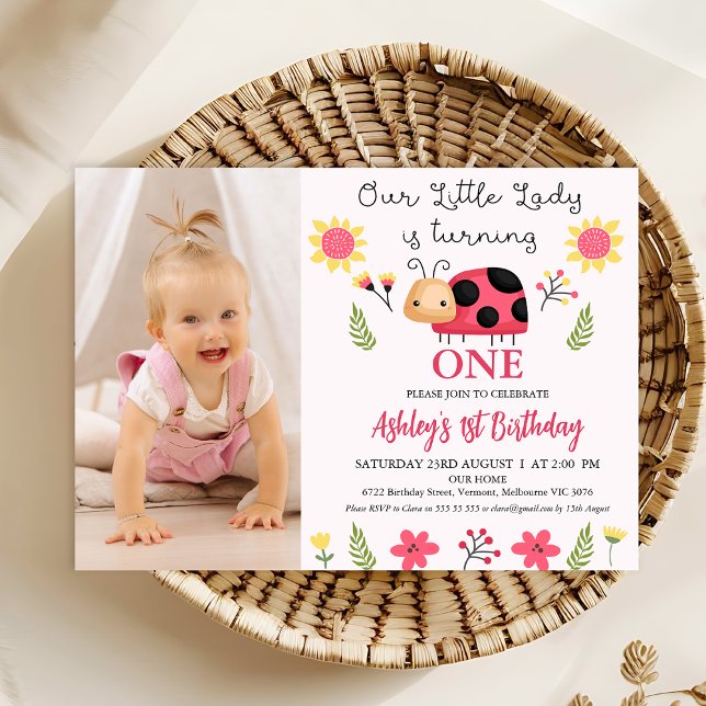Invitation Photo Red Black Little Ladybug 1er anniversaire (Girls Ladybug Themed 1st Birthday Invitation Template With Photo, Cute Ladybug Birthday Invitation)