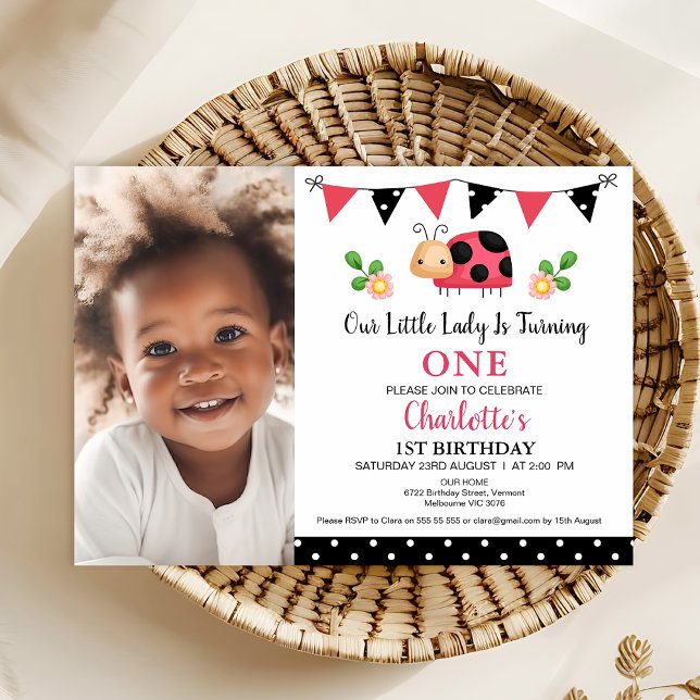 Invitation Photo Red Black Pois Ladybug 1er anniversaire (Ladybug 1st Birthday Invitation Template, Our Little Lady ladybug Birthday Invitation Bunting Flags)