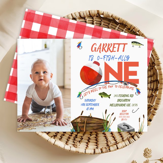 Invitation Photo Red Blue Bateau Ofish Un 1er anniversaire (Boys Ofishally One 1st Birthday Invitation Template, Printable Fishing 1st Birthday Invite)